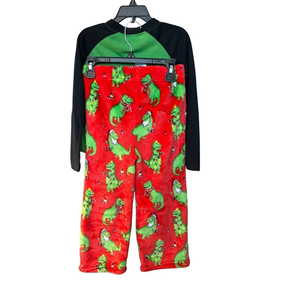 New ~ MUNKI MUNKI ~ Unisex Kids Green Red Santasaurus Rex 2Pc Pajama Set Size 4